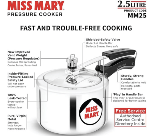 Hawkins Miss Mary Pressure Cooker, 2.5 Litre, Silver (MM25) - Image 2